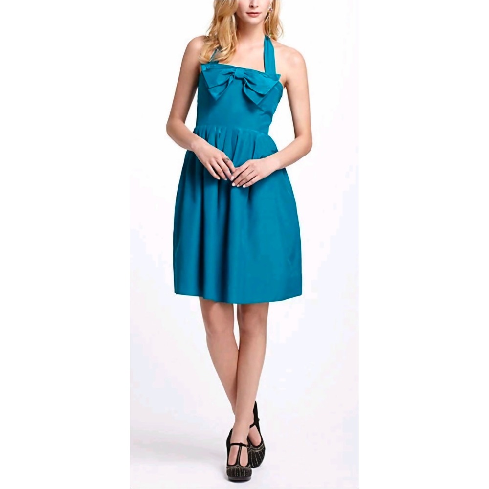 Hitherto Anthropologie Teal Blue Bow Halter Strapless Fit‎ Flare Dress Size 6